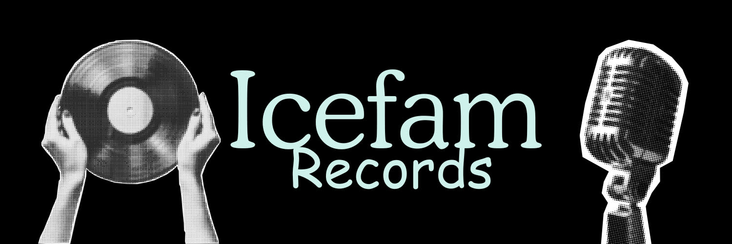 Icefam Records brand banner with vinyl record and vintage microphone on black